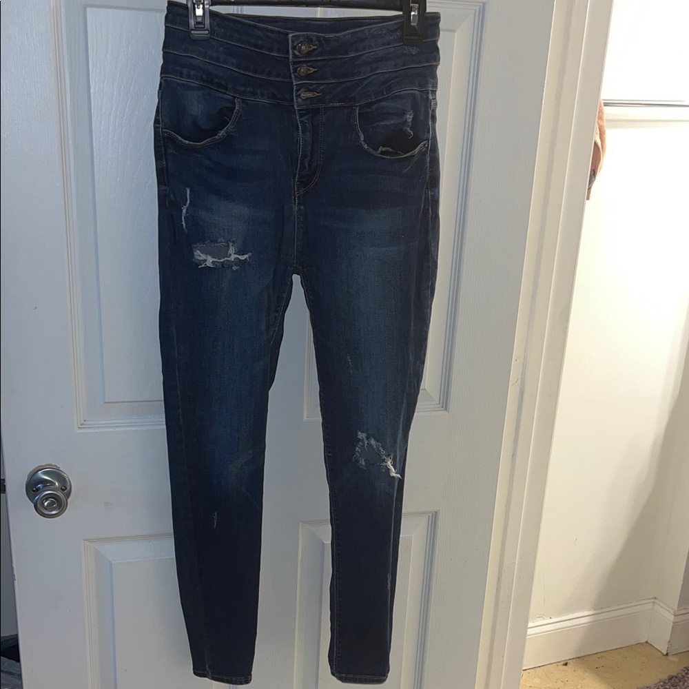Wax Jean High Rise Dark Blue Distressed Jeans